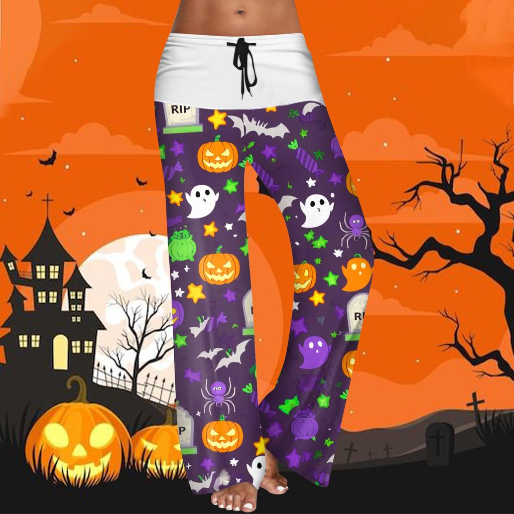 Women's Drawstring Elastic Waistband Wide Leg Color Matching Halloween Printed Casual Pants