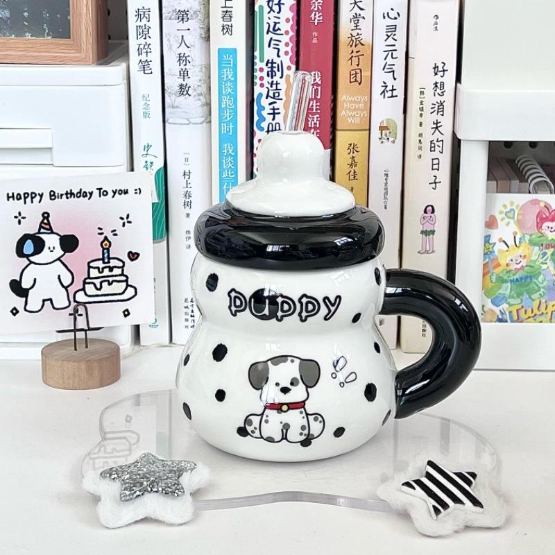 Cute spotted puppy straw cup high value ceramic mug cartoon children's water cup milk cup birthday gift