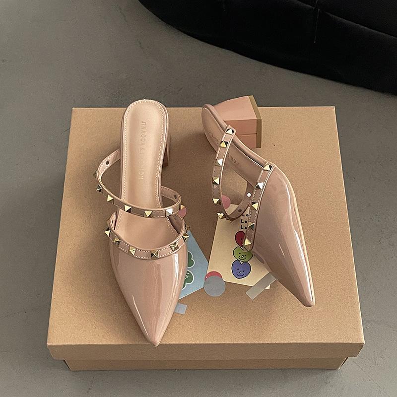Baotou pointed high heel cool slippers summer new outer wear women's thick heel slippers rivet temperament versatile women's shoes tide