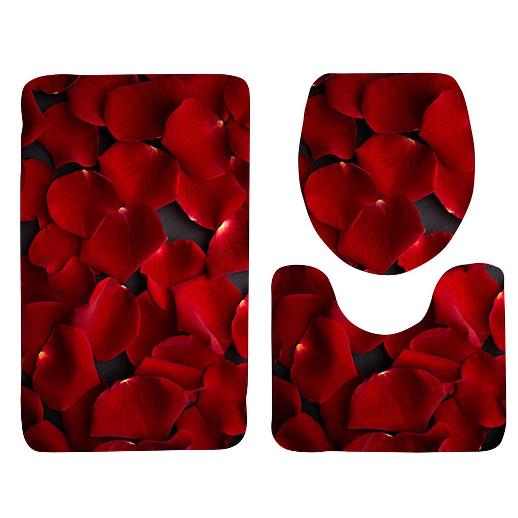Rose Petal Series Printed Toilet Floor Mat Three-piece Bathroom Slip Carpet Set