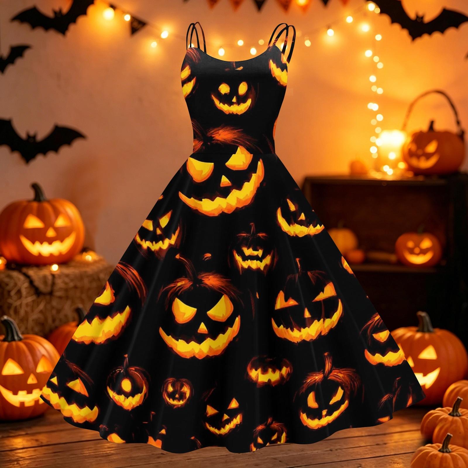 Women s Halloween Printed Off Shoulder Punk Vintage Dress Sleeveless Spaghetti Strap A Line Dress with Halloween Pumpkin Ghost Bat Pattern L чёрный