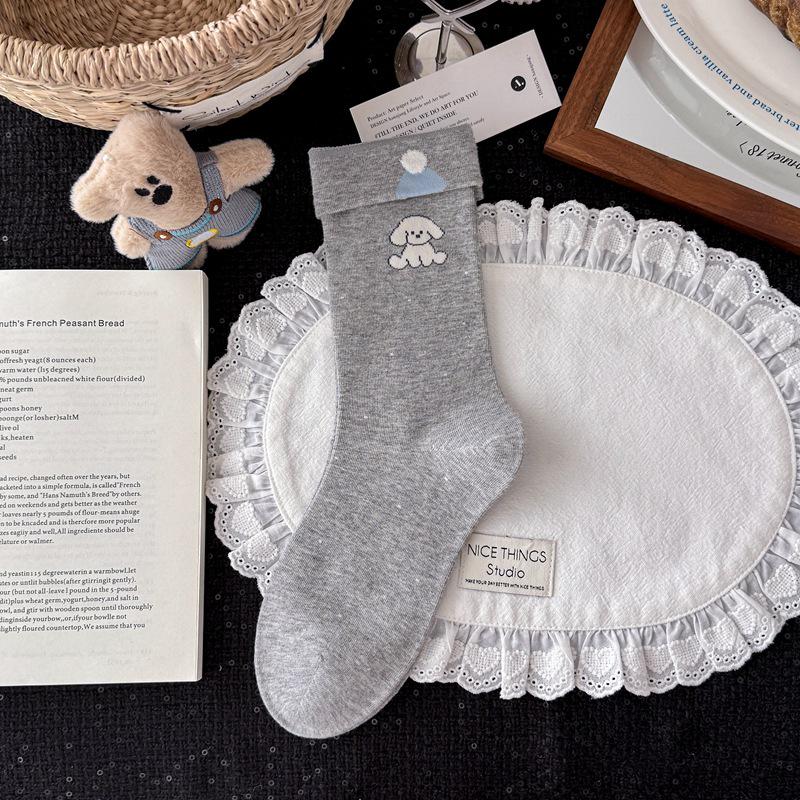 Korean Blue-Gray Striped Mid-Calf Socks - Women's Combed Cotton, Cute Puppy Design