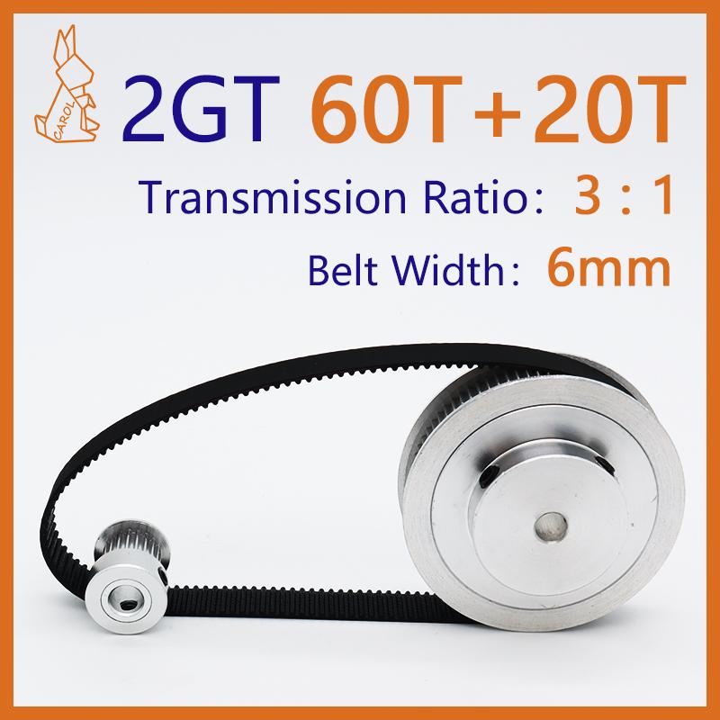 60Teeth 20Teeth 2GT Belt Pulley Set Belt Width 6mm Synchronous Wheels 60T 20T For 3D Printer Reduction 3:1 GT2 Timing Pulley Set 20T Bore 3mm