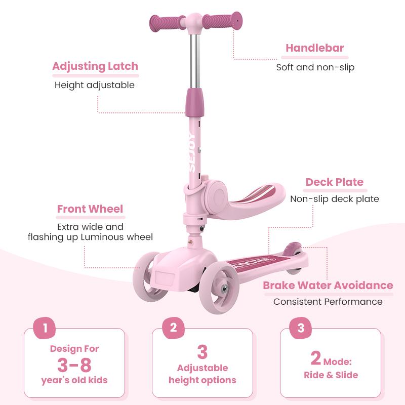 Kick Scooter For Kids With 3-Wheeled Led Lights,Adjustable Lean-To-Steer Handlebar,Foldable Seat,Sit Or Stand Ride,For 3-8 Years