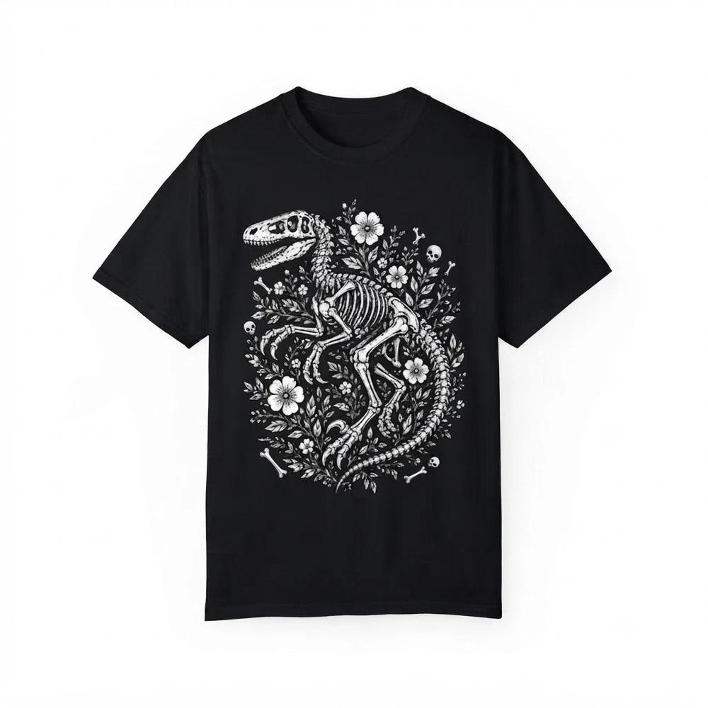 Floral Velociraptor Skeleton Dinosaur Fossil Black Tshirt 2XL
