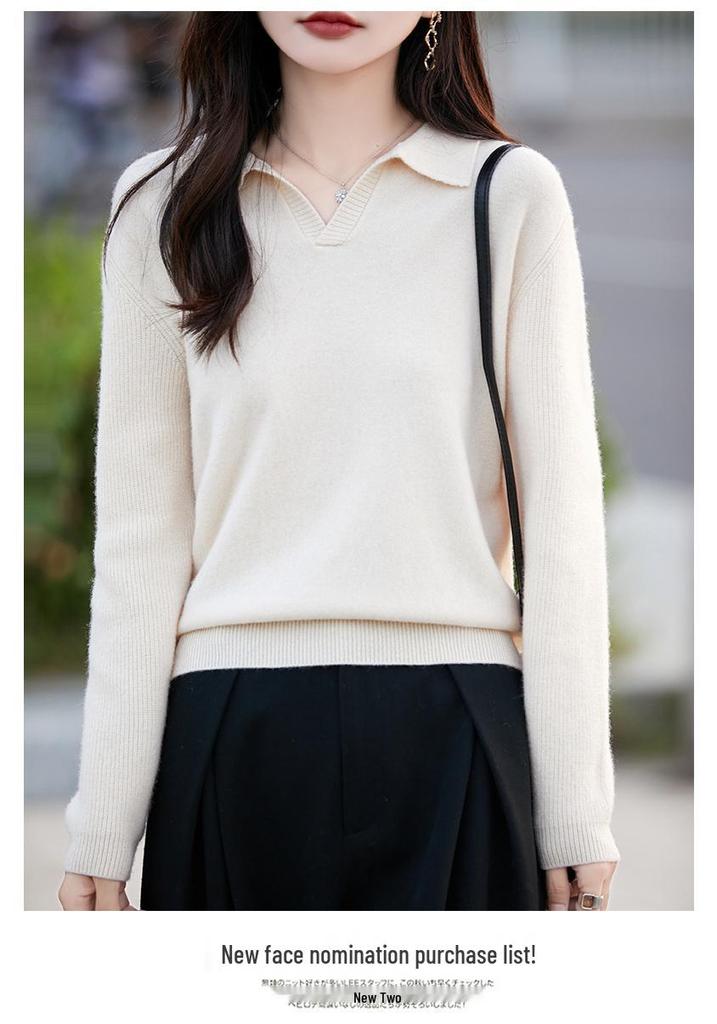 2026 Women's Pure Wool Polo Collar Loose Knit Sweater - Solid Color, Versatile, Casual Base Layer.