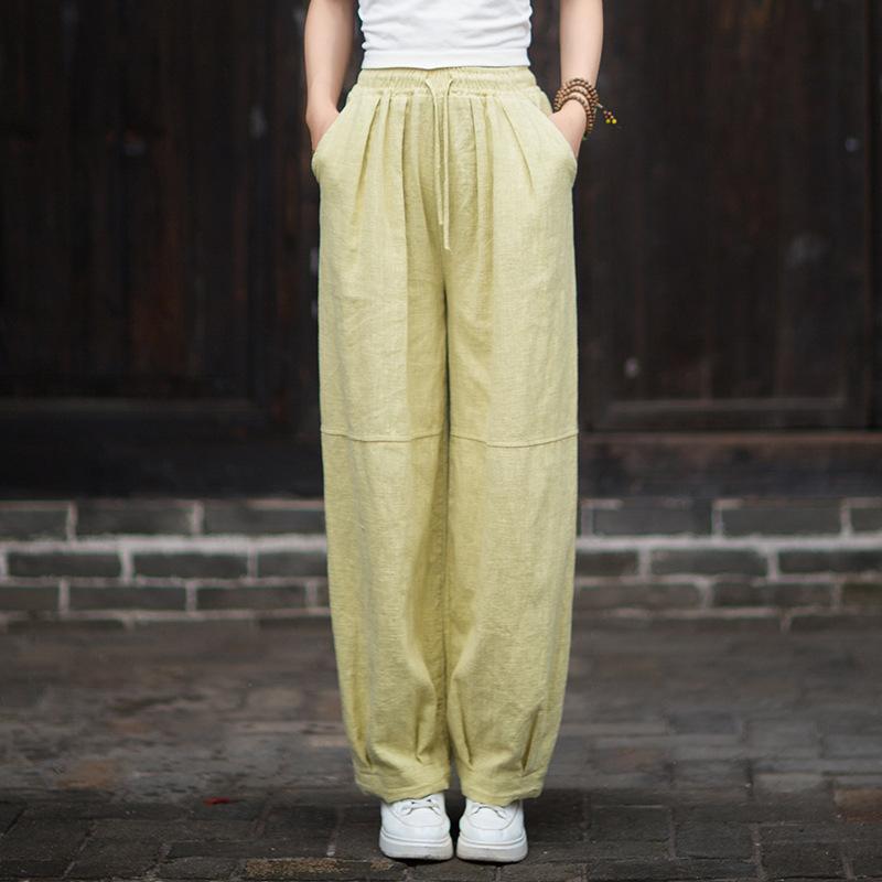 Johnature Women Vintage Harem Pants Solid Color Elastic Waist Autumn Belt Loose Female Patchwork Pants