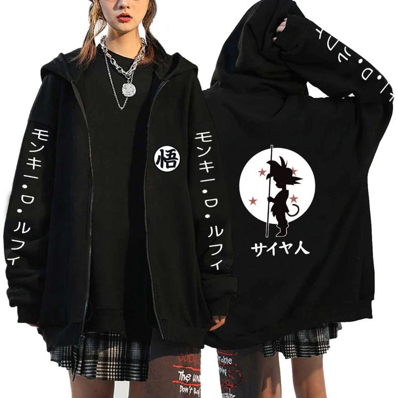 Japanese Anime Seven Dragon Ball Wukong Harajuku Anime Printing Men and Women Zipper Plush Hooded Cardigan Sweater Coat