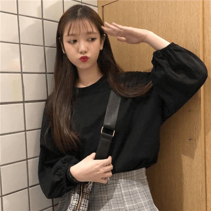 

Pure cotton, round neck long-sleeved t-shirt women s versatile design sense loose college style bottoming shirt student foreign style top isn t 2XL чорний