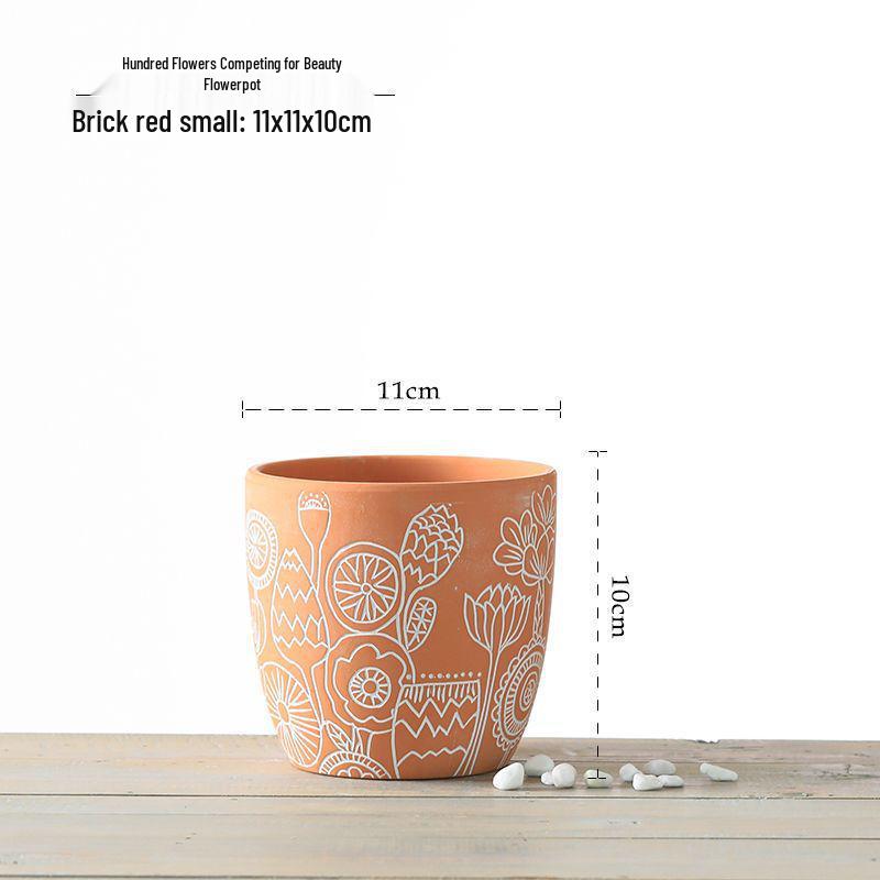 Red Clay Breathable Minimalist Terracotta Flower Pot with Feet for Succulents and Pothos - Round Design, Free Shipping