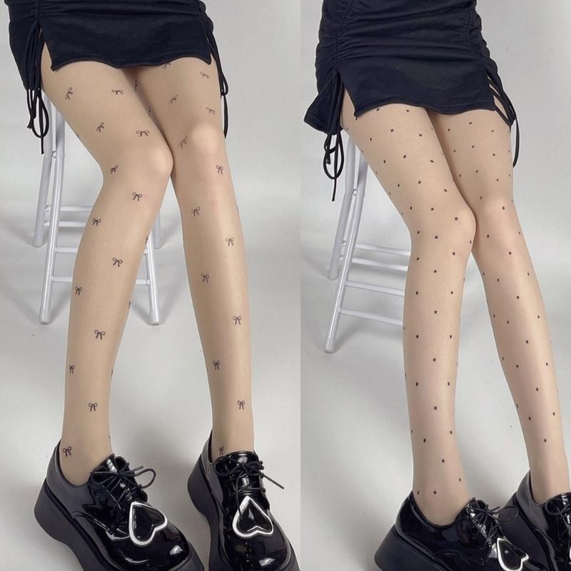 Women Sexy Ultra-Thin Sheer Silky Tights Japanese Sweet Bowknot Polka Dot Heart Printed See Through Pantyhose Stockings
