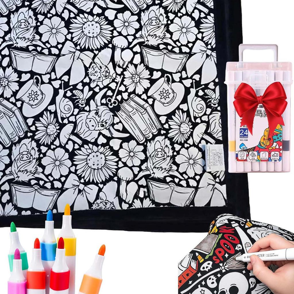 24Color Pens DIY Coloring Blanket with Markers Color Your Own Blanket Washable Reusable Soft Cozy Fleece Drawing Mat for Friends
