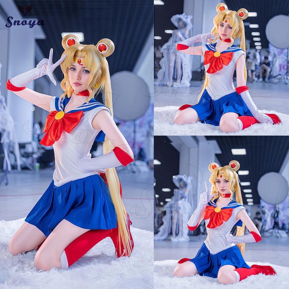 Snoya Sailor Moon Perücke Tsukino Usagi Cosplay Goldgelb Prinzessin Serenity Langes Lockiges Synthetikhaar Perücke für Halloween Cosplay