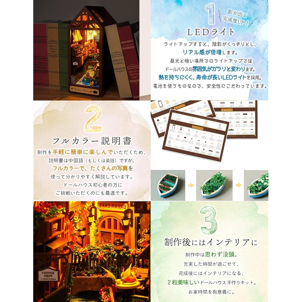 Moin Moin Dollhouse Miniature DIY Kit with LED Light Retro Book Design for Beginners