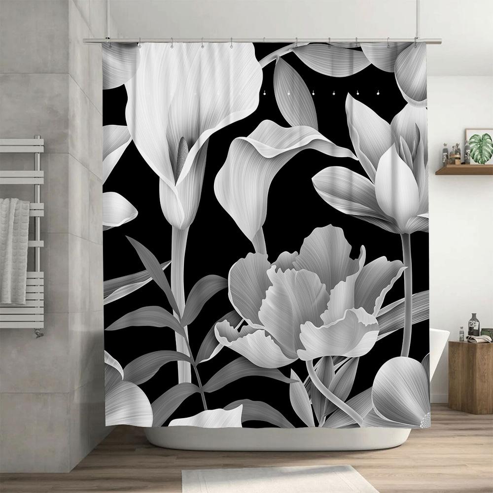 Modern White Floral Shower Curtain Decorative Waterproof Bathroom Accessories Customizable Size Shown In Black Grey Large (72X84
