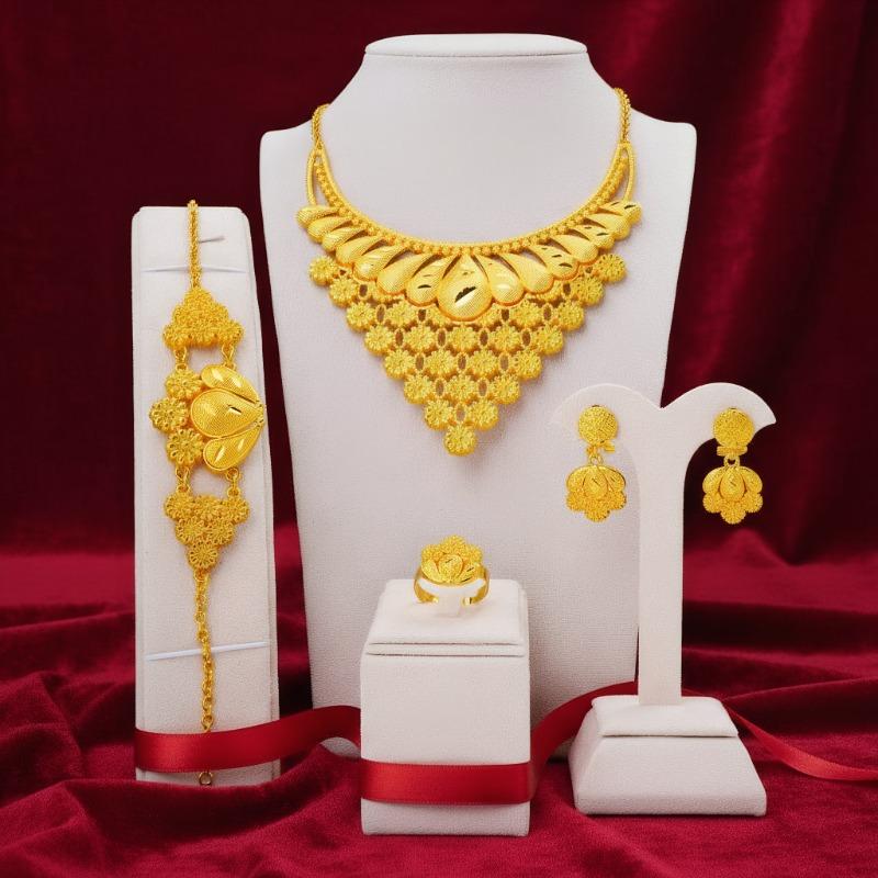 4-Piece Flower Fashion Bridal Wedding Necklace Earrings Bracelet Ring Jewelry Set