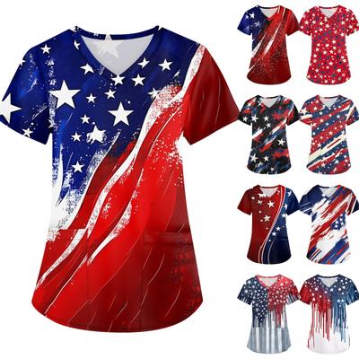 Women's Fashion V-neck Short Sleeve Workwear With Pockets  Independence Day Printed Tops