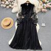 Spring Summer Embroidery Sequined Mesh Patchwork Black Party Dress Women Black Long Midi Pleated Dresses