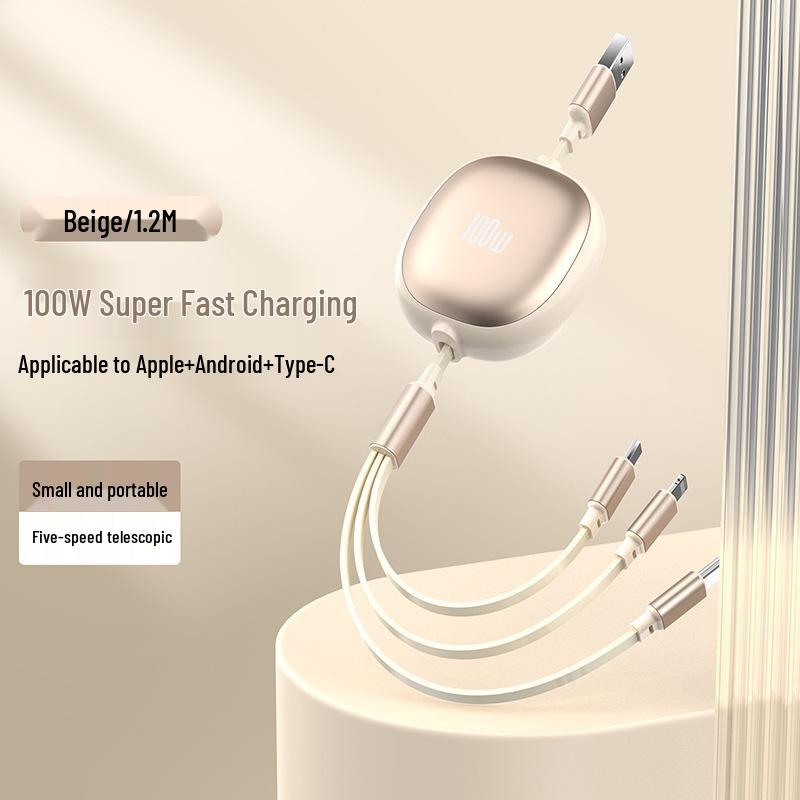 100W Retractable 3-in-1 Fast Charge & Data Cable for Apple, Huawei, Android – PD Charging Compatible.