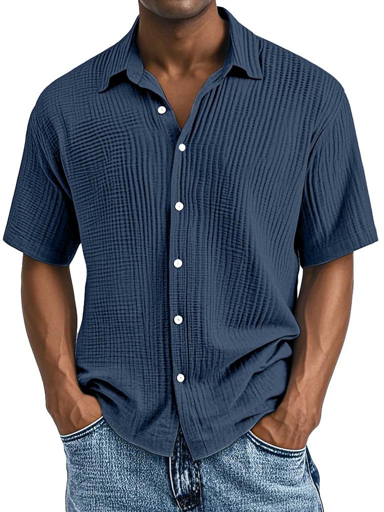 Men Light Blue Short Sleeve Button Down Shirt Casual Striped Linen Look Shirt