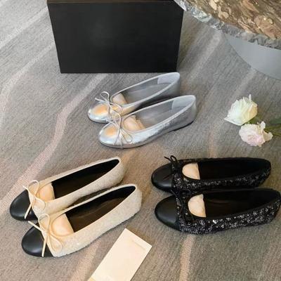 Grape Home~ Sheepskin Edition Sequined Tweed Bow Light Mouth Low Heel Shoes Commuter Single Shoes Women