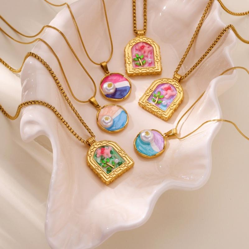 Color Oil Drop Pendant Necklace Women's Medieval Fashion Artificial Baroque Pearl Literary Retro Collarbone Chain