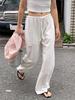 Women's White Relaxed-Fit Cotton Linen Pants - Spring/Summer Old Money Style, Loose Drape, Elastic Waist, Casual Straight Leg.
