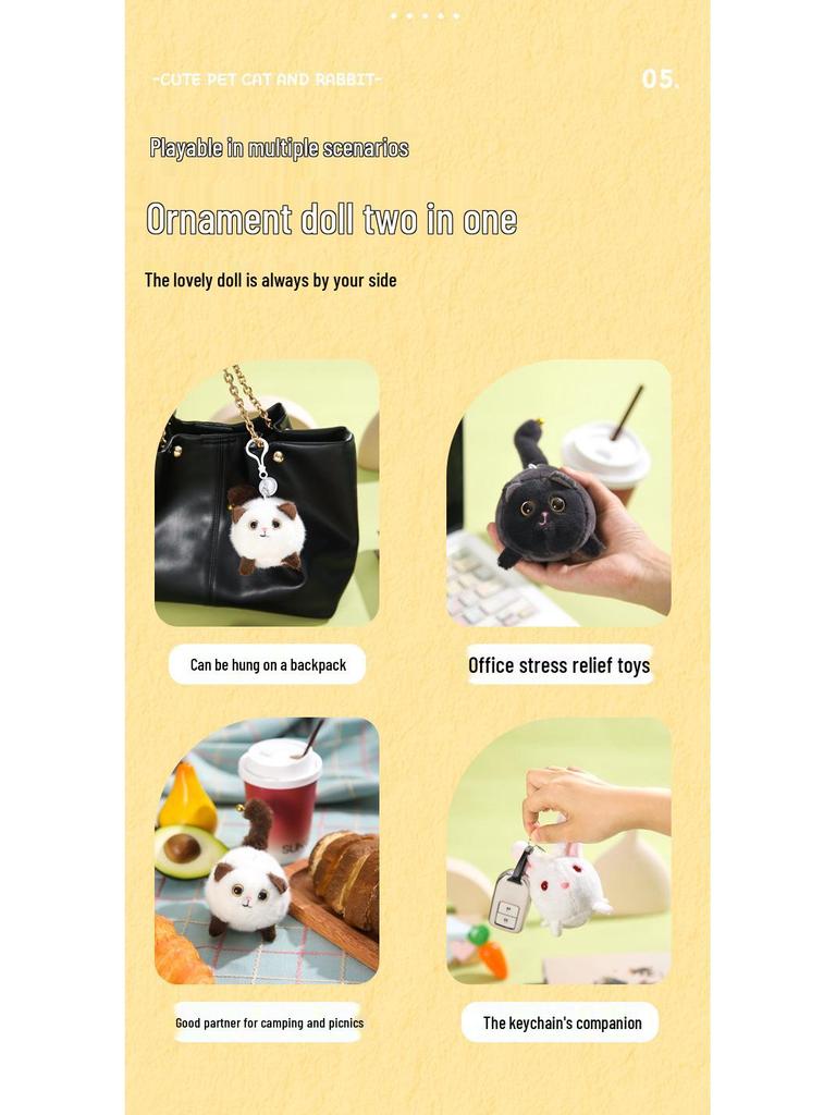Wagging Tail Cat & White Rabbit Plush Toy Pendant Keychain for Couples