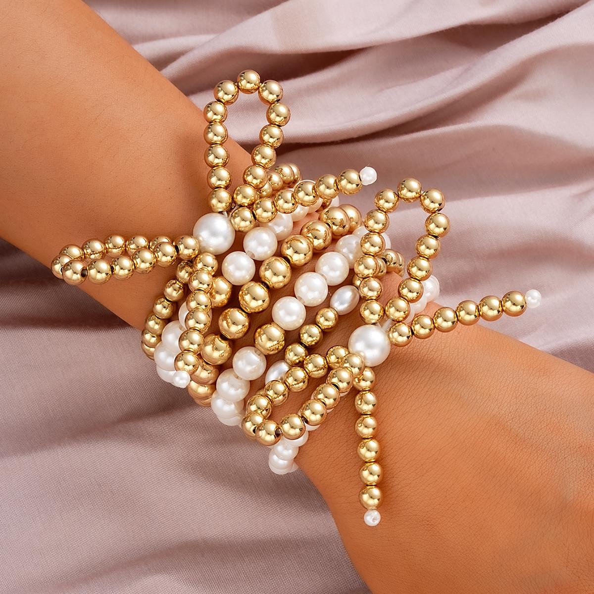 

6Pcs/Set Vintage Bowknot Pearl Beaded Bracelets for Women Elegant Gold Color Multilayer Bracelets Sets Fashion Party Jewelry New