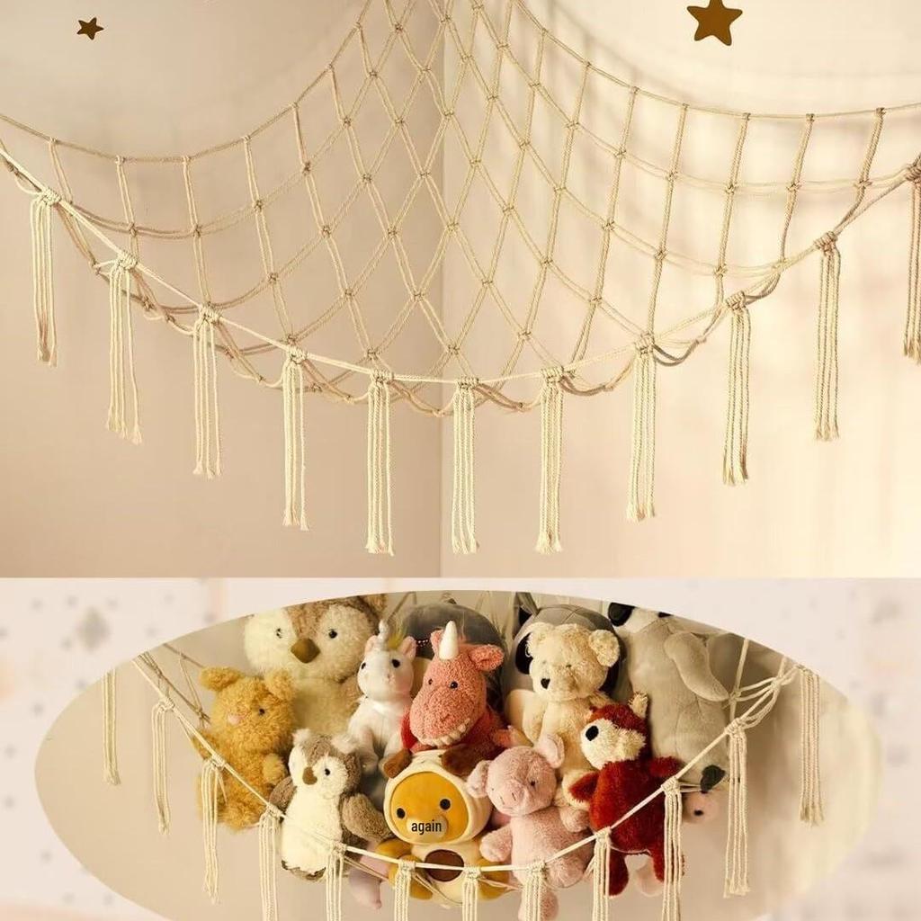 Corner Hanging Woven Cotton Rope Toy Storage Net with Tassels