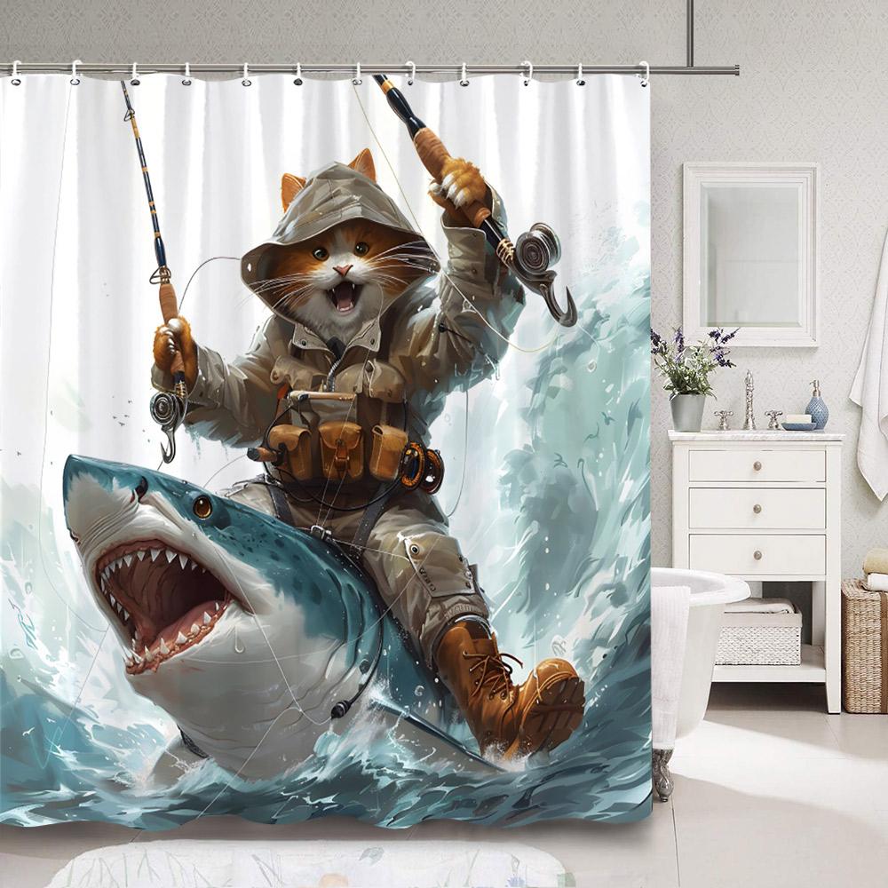 Funny Cute Animal Shower Curtain Riding Shark Cat, Dog In Bathtub And Pretty Pig Polyester Fabric Shower Curtains Bathroom Decor