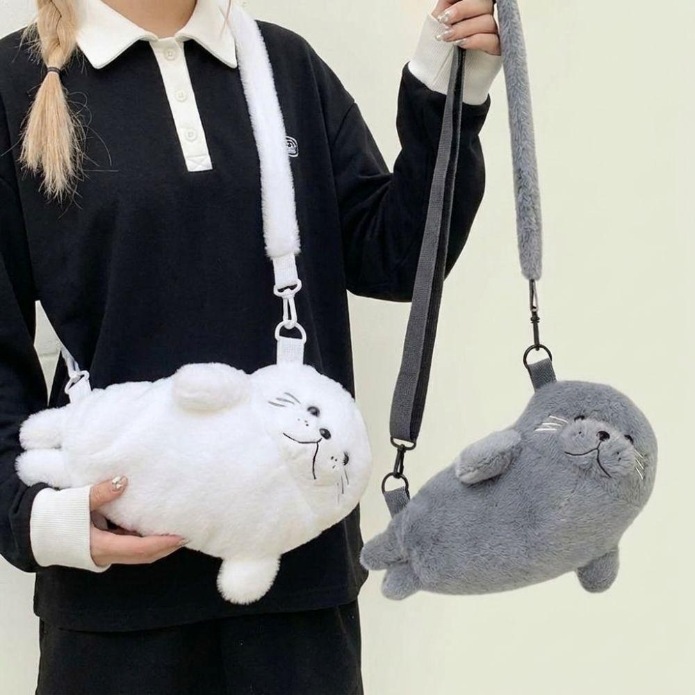 Soft Fluffy Cute Seal Shoulder Bag Cartoon Adjustable Straps Crossbody Bag Fabric Lightweight Phone Bag Women's Accessories