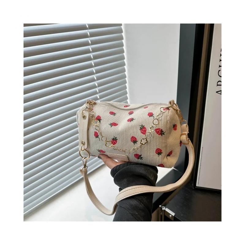 (White) Cute Strawberry Print Mini Underarm Bag Small Fresh Corduroy Women Tote Handbag Casual Versatile Commuter Travel Shoulder Bag