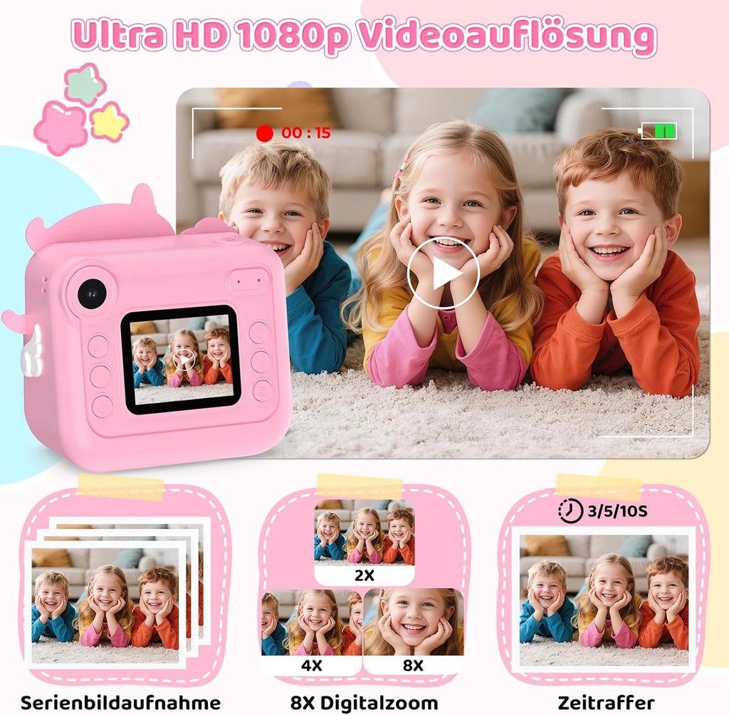 Sofortbildkamera Kinder, 1080P HD Kinderkamera mit 32GB Karte, 48MP Selfie Kinderkamera, Kinderspielzeug, Einhorn Geschenke von 3-12 Jahren