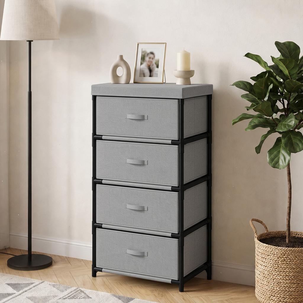 Chest of Drawers with Steel Frame and 4 Drawers, 42 x 32 x 80 cm, Gray/Black
