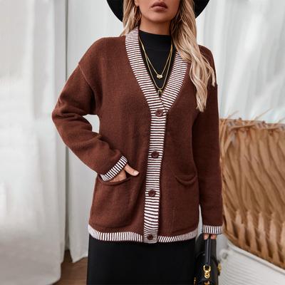 Autumn and Winter Women's Striped Sweater Loose Casual Pocket Single Breasted European and American Sweater Coat for Women