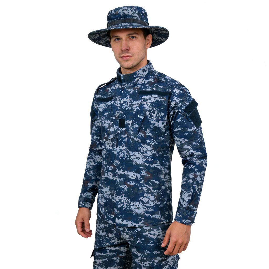 Marineblaues Camouflage-Ribstop-Anzugblusen-Cargohosen-Set mit Mütze