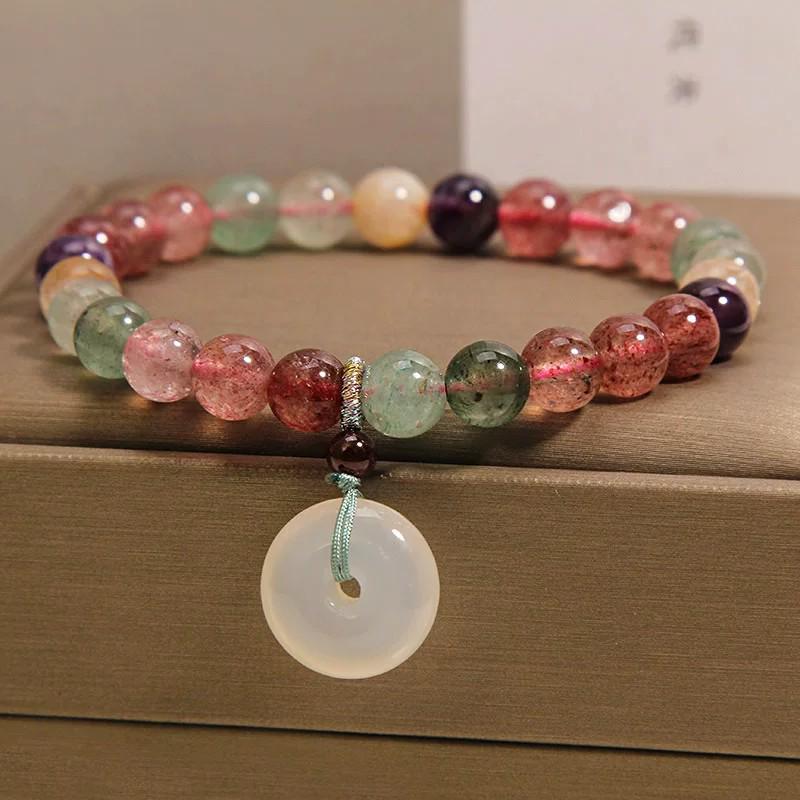 Exquisite Rainbow Strawberry Crystal Bracelet with Chalcedony Peace Pendant - Light Luxury for Women