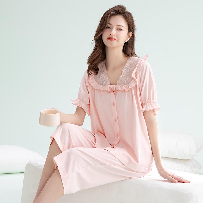 Fenteng 100% Pure Cotton Lace V-Neck Short-Sleeved Cropped Pants Home Suit Set Pajamas