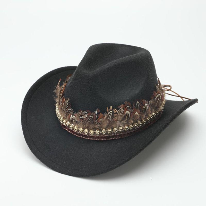 Western cowboy hat autumn and winter outdoor travel knight hat Tibetan ethnic style feather jazz hat top hat