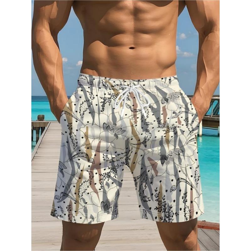 

Forest style line drawing floral print drawstring shorts, men s summer loose sports and leisure beach pants M