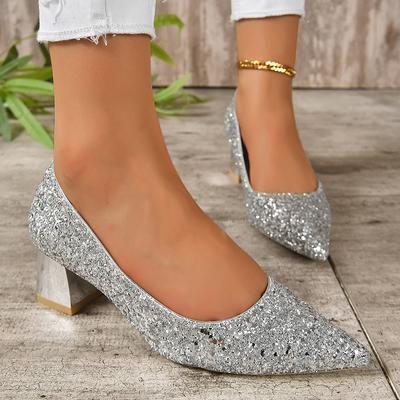 Escarpins à talons épais à paillettes argentées pour femmes, chaussures de luxe à bout pointu pour fête de mariage, grande taille 42, escarpins à talons hauts peu profonds pour dames