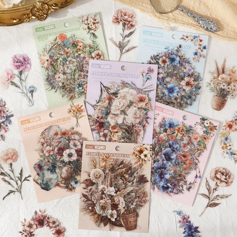 15-Sheet Retro Floral Bouquet & Vase Sticker Pack, Delicate Line Art & Soft Tones, Easy to Peel for Diary Accent & Creative