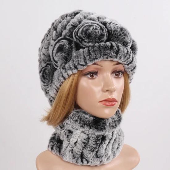 New Good Elastic Lady Winter Rex Rabbit Fur Hats Scarves Knitted Women Natural Fur Caps Scarves Sets 2 Pieces Hats Mufflers