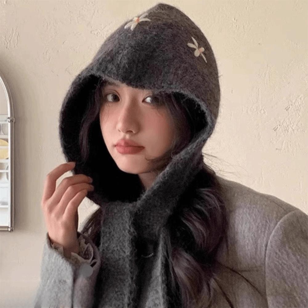 Sweet Knitted Balaclava Hat Embroidered Flowers Pullover Cap Casual Neck Collar Beanies Cap Girls