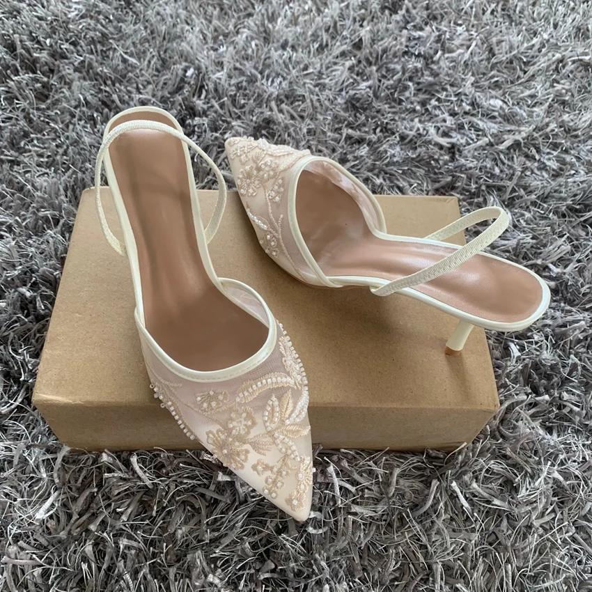 Brand Designer White Women Wedding Pumps Mesh Embroidered Flowers Back Strap Sexy Slingback High Heels Dress Ladies Shoes