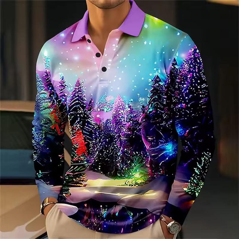 Essential! Christmas Print Long Sleeve Polo, Stylish Casual Top
