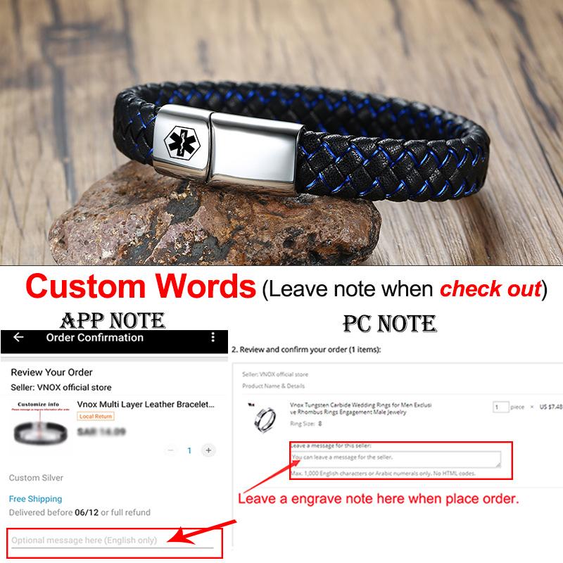 Vnox Bracciale ID Medico Personalizzato da Uomo Braccialetto in Pelle Intrecciata con Chiusura Diabete BPCO Alzheimer Gioielli Personalizzati