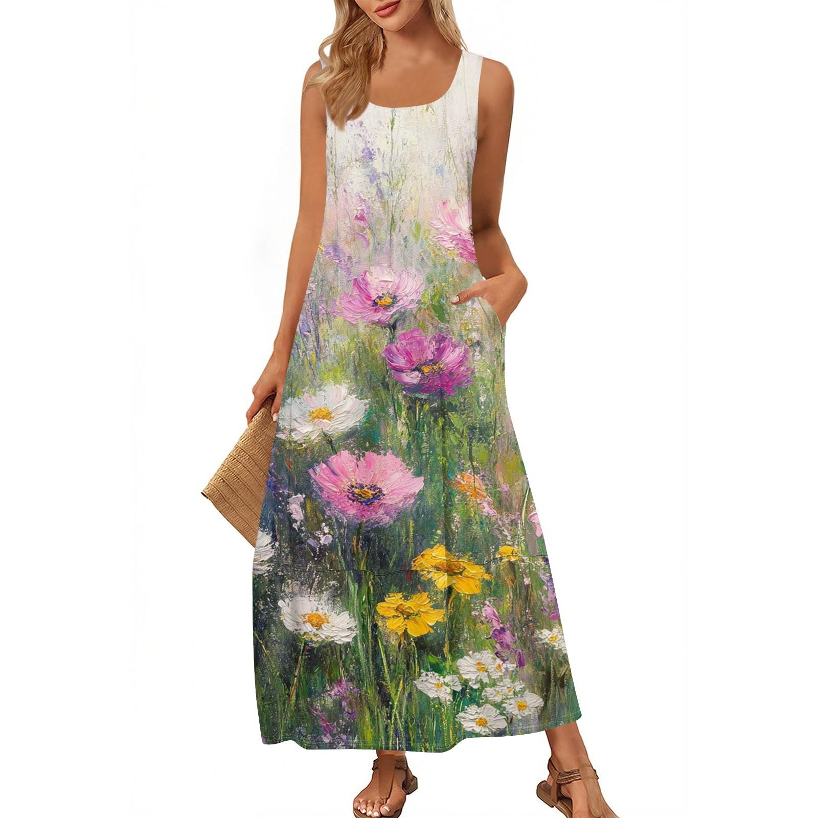 

Женский повседневный сарафан длиной до пола, летнее пляжное платье, круглый вырез, без рукавов, свободный сарафан с принтом M