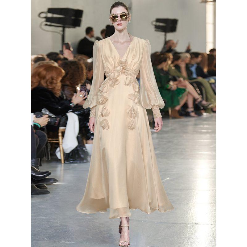 

V-neck Lantern Sleeve Open Back Shoelace Three-Dimensional Flower Waist-Controlled Large Hem Long Design Dress 2025 Spring and Summer New Arrival Apricot color S